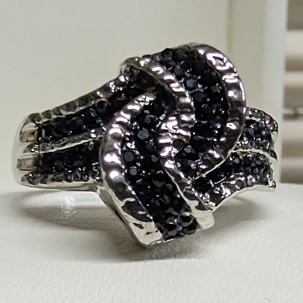 New Black Twist‎ Knot Ring Plus Size 8.5 Silver Tone Statement Pave Rhinestones